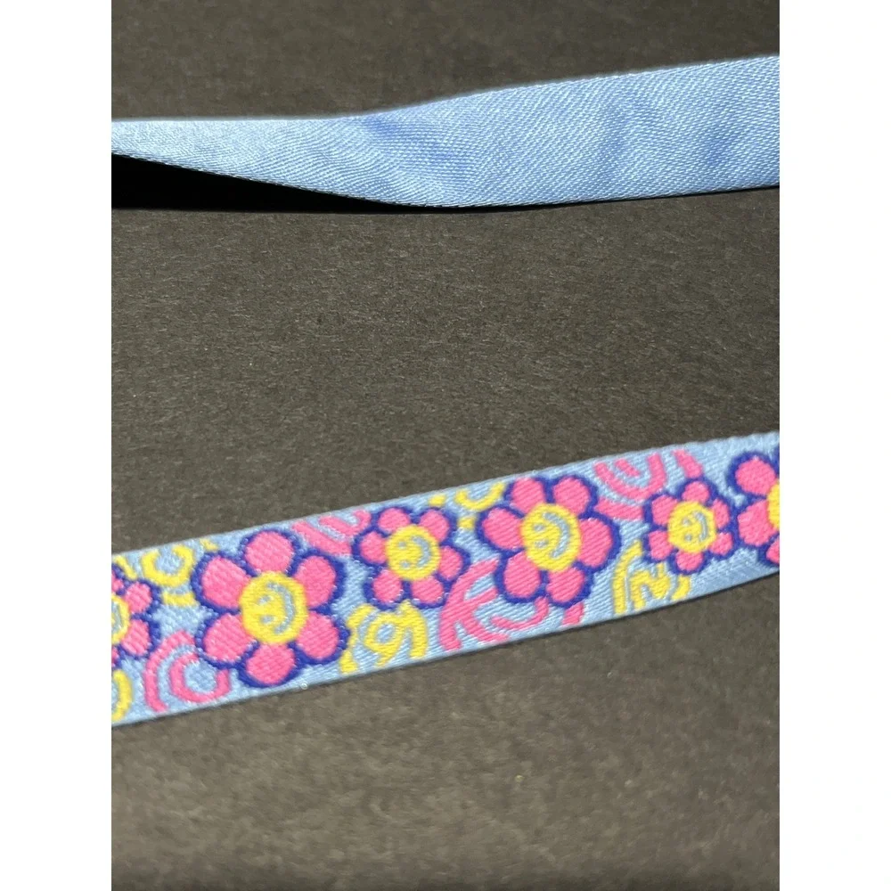 Set of 2 Lanyards Checkered Star and Floral Smiley Face Blue Pink Black White
